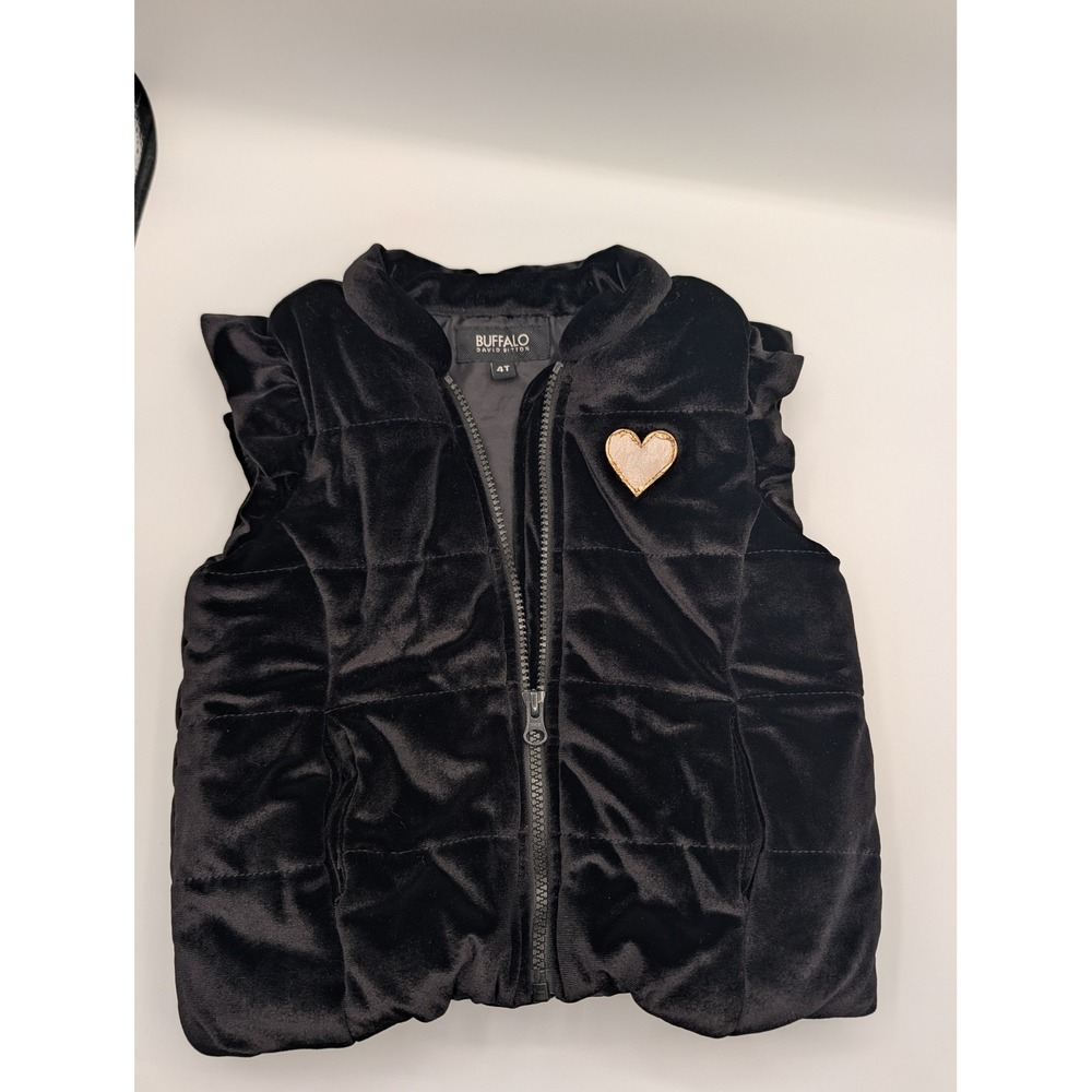Buffalo David Bitton Girls Black Velvet Puffer Vest Ruffle Heart Patch 4T
